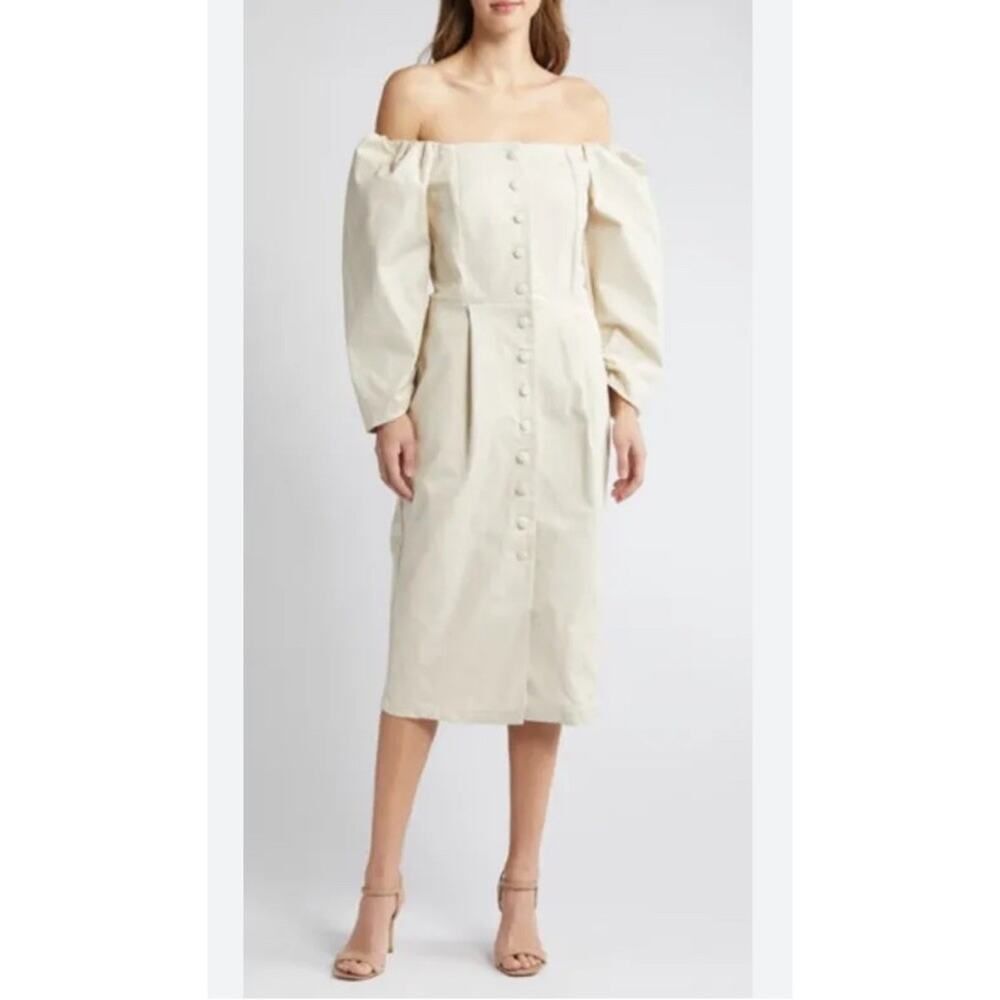 MELLODAY Off Shoulder Button Midi Dress Beige Puff Sleeve Large L